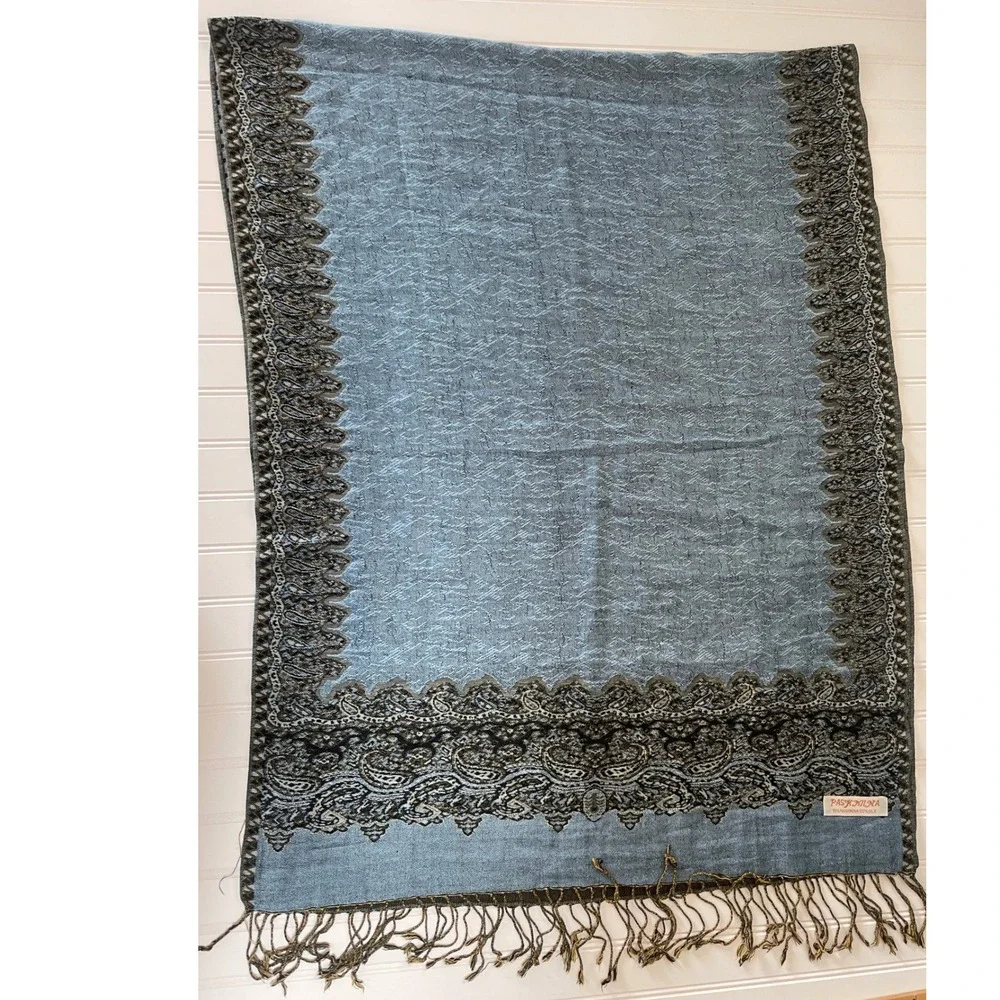 Pashmina Silk Blend Reversible Paisley Scarf Wrap Blue Olive Green Fringe